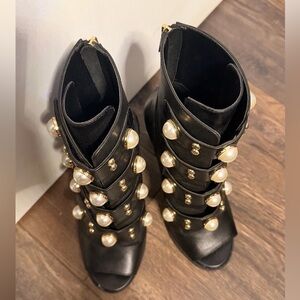 Karl Lagerfeld Black Heeled Boots with Pearl Accents